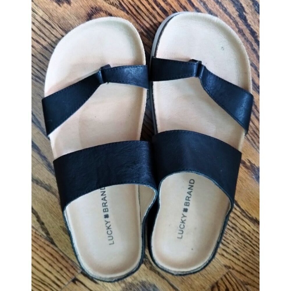 Women's Black Lucky Brand Harribel Toe-Loop Leather Sandals (Size 7M / 37.5) - Picture 2 of 6